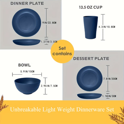 Blue Dinnerware Set for 4 People, Consisting of Plates, Bowls, And Cups, Microwave-Safe And Dishwasher