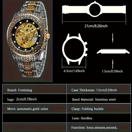 Men'S Vintage Mechanical Watch Luxury Hollow Case with Golden-Tone Dial, Mechanical Movement
