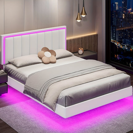 Floating Bed Frame with RGB LED Lights | Upholstered Headboard, Solid Wood Slats Support, No Box Spring Needed,