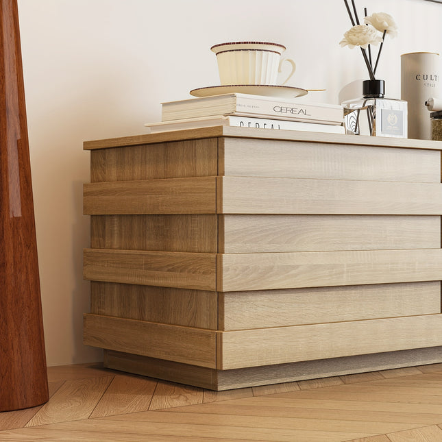 TV Stand with 4 Drawers, TV Console with 3 Decorative Strips And Spacious Countertop,