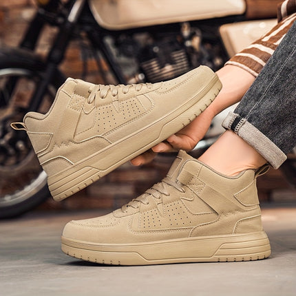 Outdoor Casual Sneakers - Beige PU Upper, MD Sole & EVA Cushioning, Breathable Fabric Lining