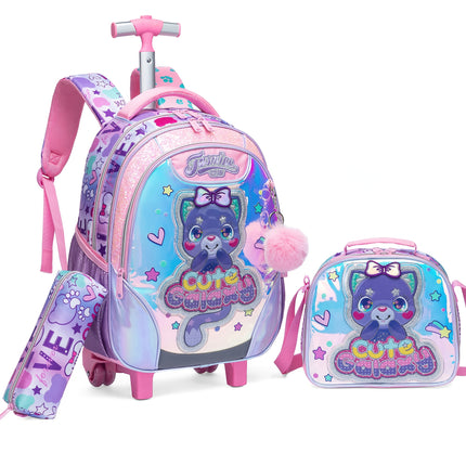 3pcs Purple Pink Series Integrated Rolling Backpack Set Rolling Backpack, Shoulder Bag, Pencil Case