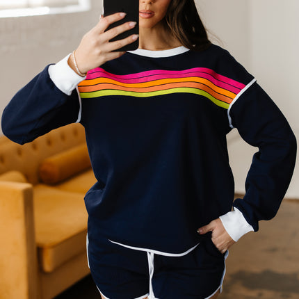 Bluing Colorful Striped Accent Varsity Long Sleeve Pullover and Shorts Matching Set