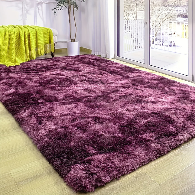 1pc, Dark Purple Tie-Dye Fluffy Area Rug, Soft Polyester 100% Lightweight Rectangle Carpet