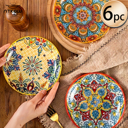 NTKOW 6pcs Bohemian Hand-Painted Ceramic Plates - Vibrant Floral & Geometric Patterns