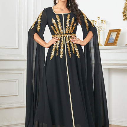 Middle Eastern Fashion Solid Color Sequin Embroidered Waist-Cinching Long Split Sleeve Gown Dress