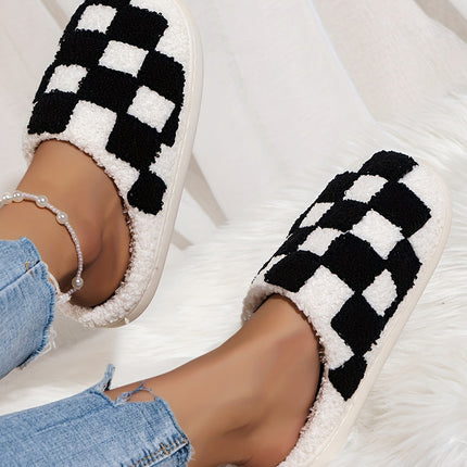 Black Checkered Print Fuzzy Slip On Winter Slippers
