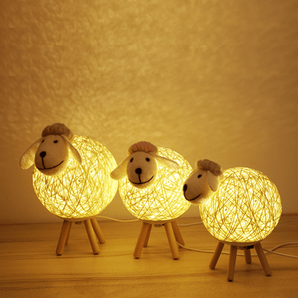 LED Sheep Night with Hand-Woven-Style Lampshade - Cute Kawaii Sheep Bedside Lamp