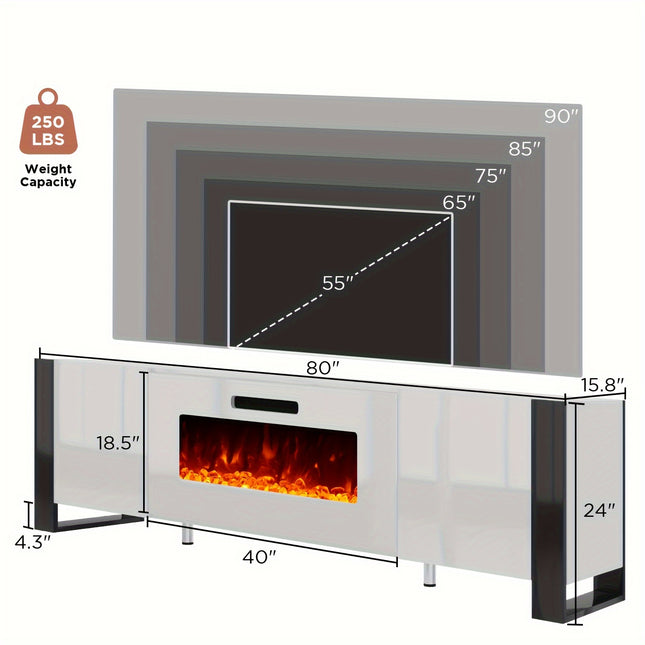 Modern High Gloss Fireplace TV Stand with Fireplace, U-Shaped Legs Entertainment Center LED Lights