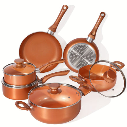 10pcs Copper Nonstick Cookware Set, Aluminum Induction Compatible Pots and Pans with Ceramic Coating,