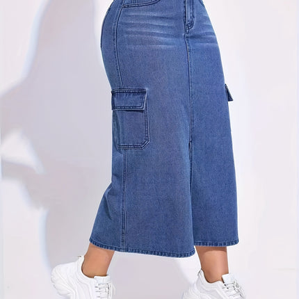 Spring Summer Autumn Slit Skirt with Large Pockets, High-Waisted Casual