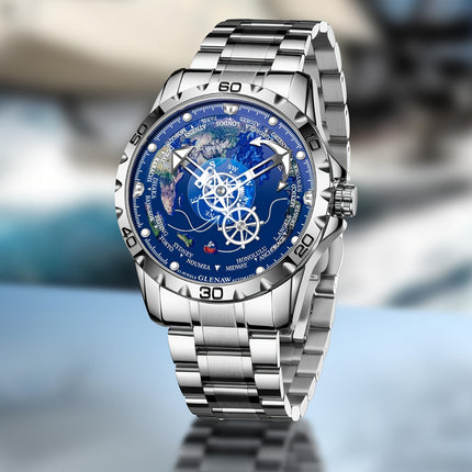 Men's Automatic Mechanical Watch - Navy Blue Dial with Golden Hands, Compass Rose Steering Wheel