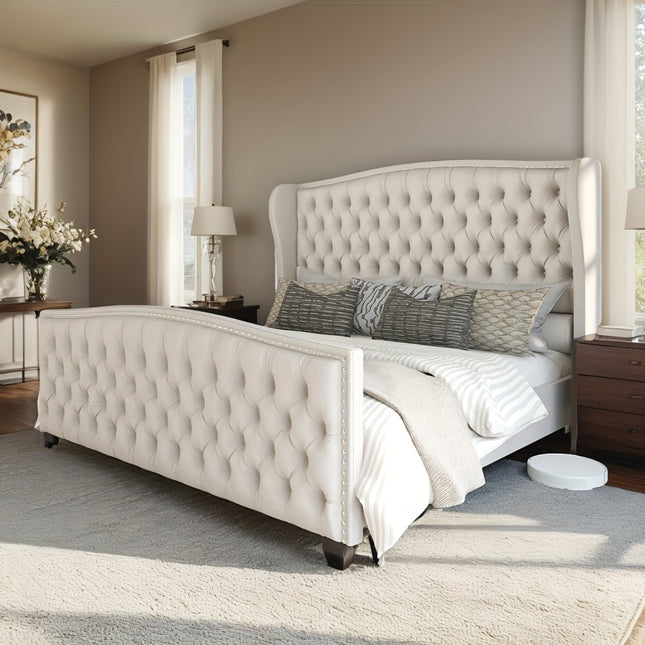 Handcrafted Velvet Bed Frame Featuring a Wingback Headboard,