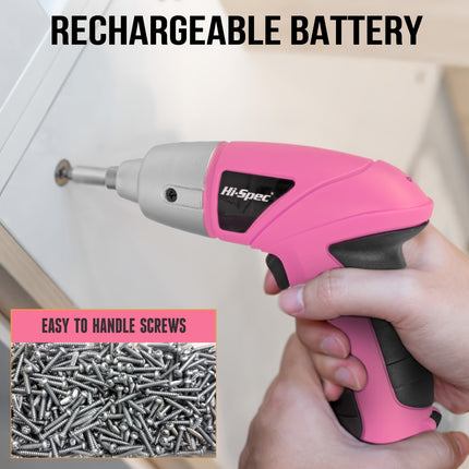 Hi-Spec Pink 3.6v Electric Screwdriver + Hand Tool Set Compact Handheld, Includes Hammer, Pliers,