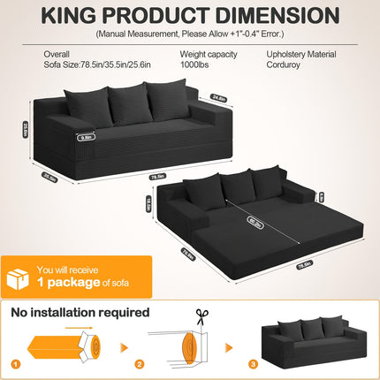 Sofa Bed with 3 Pillows - 78'' Modern Corduroy Folding Bed & Floor Couch, Foam-Padded Sectional Sleeper
