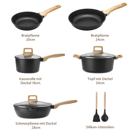 10pcs Non-Stick Granite Cookware Set with Lids - PFAS-Free, Heat-Resistant Handles, Induction Compatible,