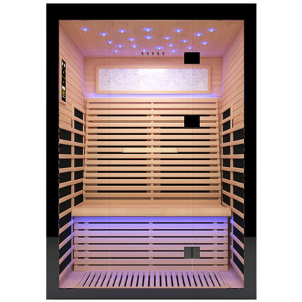 Luxury Double Far Infrared Sauna Room in Black+Natural Wood Finish with Epoxy Heating Plates and Starry Sky Lighting