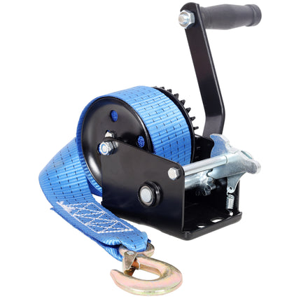 800LBS Hand Winch,with 19.6FT Blue Strap,Black Shell,3.1:1 Gear Ratio Portable Winch,Two-Way Ratchet,Manual Operated Hand Crank Winch for Trailer, Boat or ATV Towing