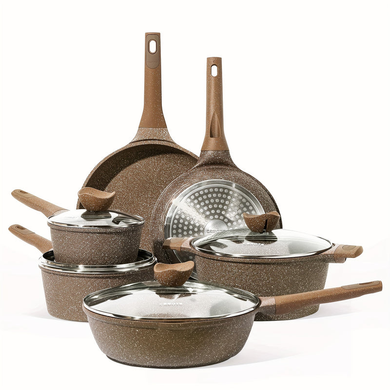 Set of cookware with speckled brown finish and wooden handles on a white background
