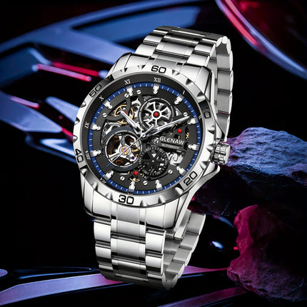 GLENAW Men'S Skeleton Automatic Watch - Stainless Steel Band, Flywheel Movement With Date Display