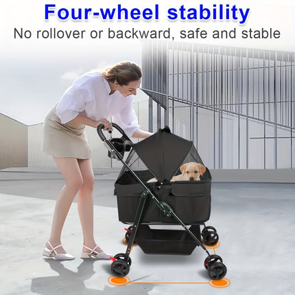 2-in-1 Convertible Dog Stroller & Carrier with Removable Crate Transport Bag – Foldable Pet Tote with Safety Belt, Adjustable Canopy, Storage Basket, Shock Absorber Wheels & 360° EVA Tires for Small/Medium Dogs & Cats, Pet