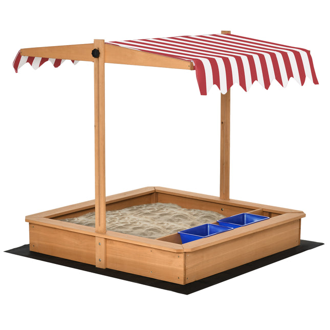 Kids Wooden Sandbox, Children Sand Play Station Outdoor, with Adjustable Height Cover, Bottom Liner, Seat, Plastic Basins, Boys and Girls, for Backyard, Beach, Lawn