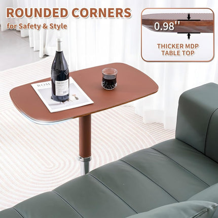 Adjustable Swivel Table with Saddle Leather Cover & Sturdy Metal Legs - Retro Bedside Laptop Desk,