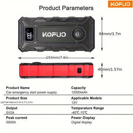 Portable Car Jump Starter Power Bank: 5000A Peak for 12V Gas/Diesel (Up to 10.0L/8.5L)