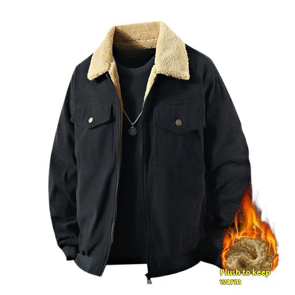 Fleece Corduroy Cotton Coat Jacket Men's Loose Casual Polo Collar Coat