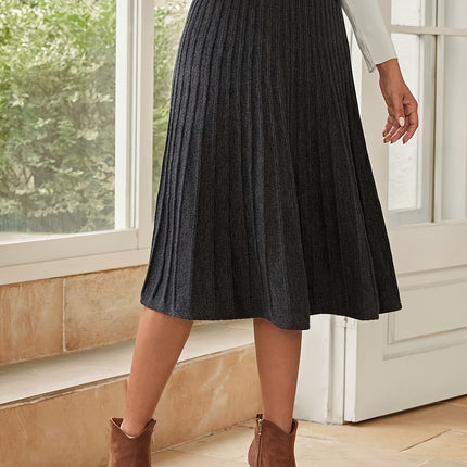 Women'S Solid Color Elastic Waist Pleated Midi Skirt, Autumn And Winter Pleated Skirt