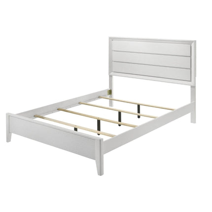 Contemporary White Queen Size Bed with Wave Texture Panel 3pc Set Including 2 Nightstands in Solid Wood