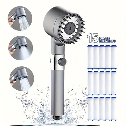 3-Mode ABS Massage Showerhead with 15 Replacement Filters - Wall-Mounted, No Electricity Needed