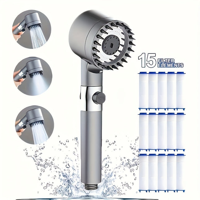 3-Mode ABS Massage Showerhead with 15 Replacement Filters - Wall-Mounted, No Electricity Needed