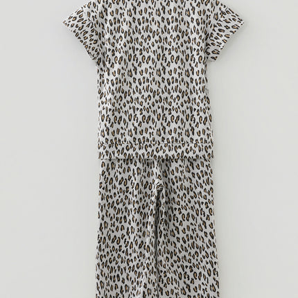 Beige Leopard Print Casual Tee and Pants 2pcs Outfit