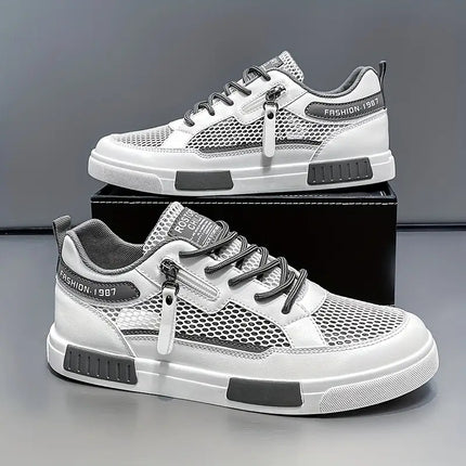 Men'S Breathable Mesh Casual Sports Shoes- White and Green Low-top Lace-up Shoes with EVA Cushioning