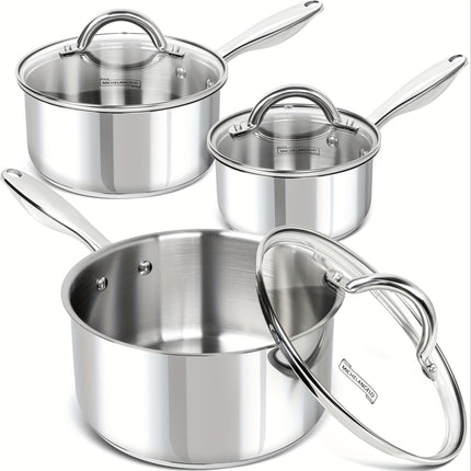 Premium 18/10 Stainless Steel Saucepan Set 6pc Tri-Ply Nonstick Pots with Tempered Glass Lids