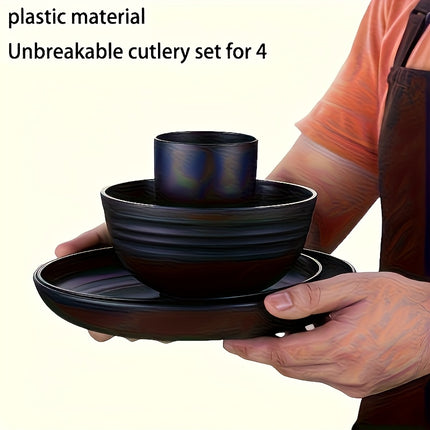 16/32pcs Plastic Tableware Set, Including Dinner Plates, Dessert Plates, Bowls, and Cups,