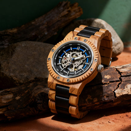 Automatic Skeleton Watch in Olive Wood - Men's Gift
