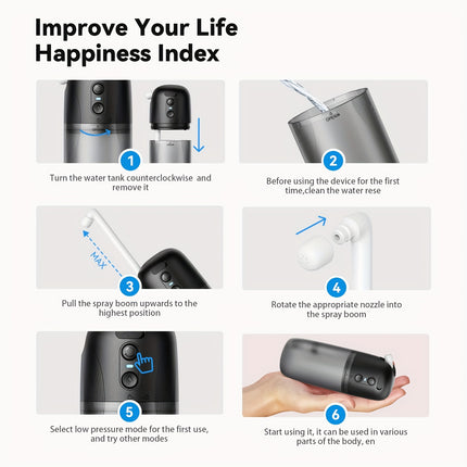 Electric Portable Bidet for Travel & Home, 230ml Tank, 3 Pressure Modes, 8 Nozzles