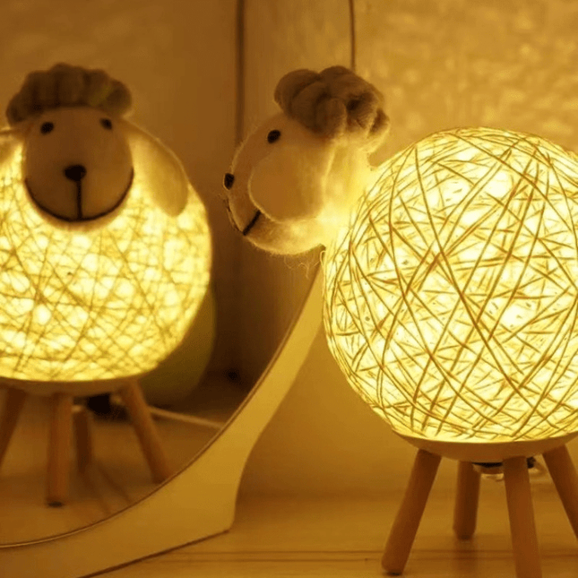 LED Sheep Night with Hand-Woven-Style Lampshade - Cute Kawaii Sheep Bedside Lamp