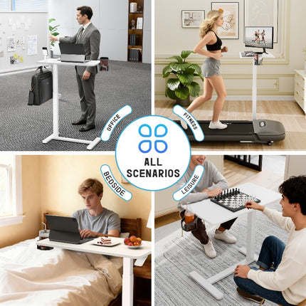 Adjustable Bedside Table Office Table, Pneumatic Computer Workstation With 4-Wheel Rolling