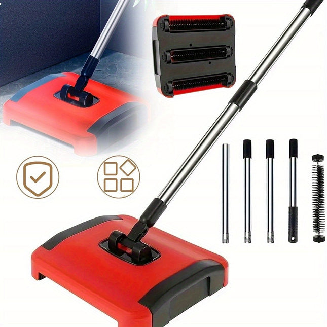 Manual Carpet Cleaner Brush, 3 Rolling Brushes Floor Sweeper Carpet Brush with Wheels