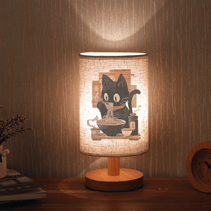 Cute Black Cat Eating Ramen Print LED Bedside Lamp - Nordic Wooden Desk Light with Fabric Shade