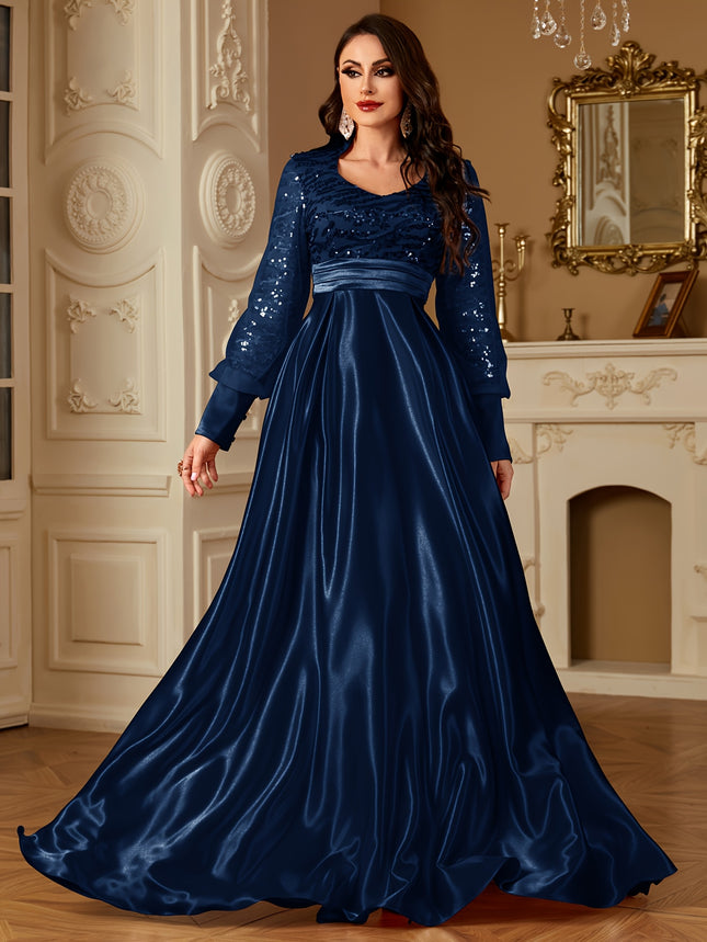 Women's Elegant Long Sleeve Satin Evening Gown - Waist-Cinching Slim Fit A-Line Dress