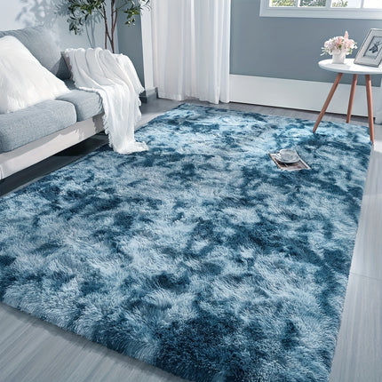1pc Cozy Gradient Ombre Blue Shaggy Area Rug, Soft Thick Plush Faux Fur Carpet,