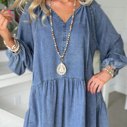 Myosotis Puff Sleeve V Neck Ruffled Loose Denim Mini Dress