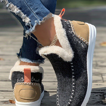 Carbon Grey Suede Stitching Patchwork Plush Lined Anklet Boots