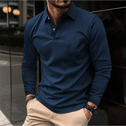 Buckle European And American Men's Daily Casual Polo Collar Long Sleeve Polo Wear