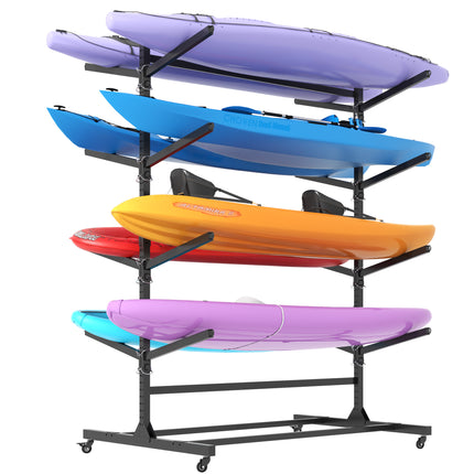 Heavy Duty Freestanding Kayak Storage Rack with Adjustable 8 Kayak Stand and Wheels for Garage, Indoor & Outdoor Use, Black Metal, 58'D*45.9'W*82.3'H