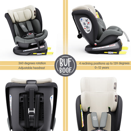 Boof MandaraGrey Car Seat with ISOFIX, 360° Rotatable, Top Tether Position, 0-36 kg, 40-150 cm